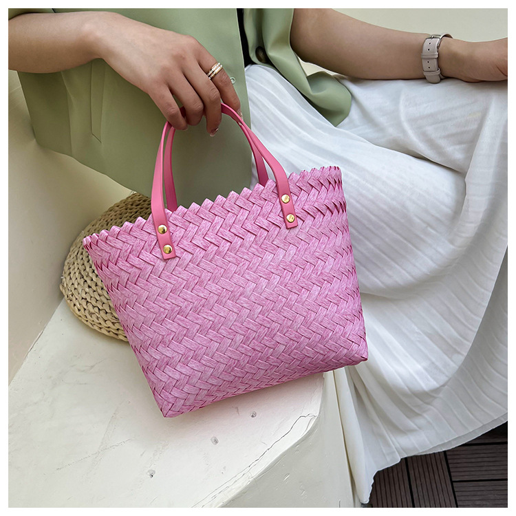 Women's Straw Solid Color Fashion Weave Bucket Open Straw Bag display picture 1