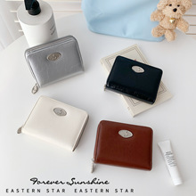 INS纯色LOG女士钱包简约两折可折叠拉链皮革钱夹财布现货简约