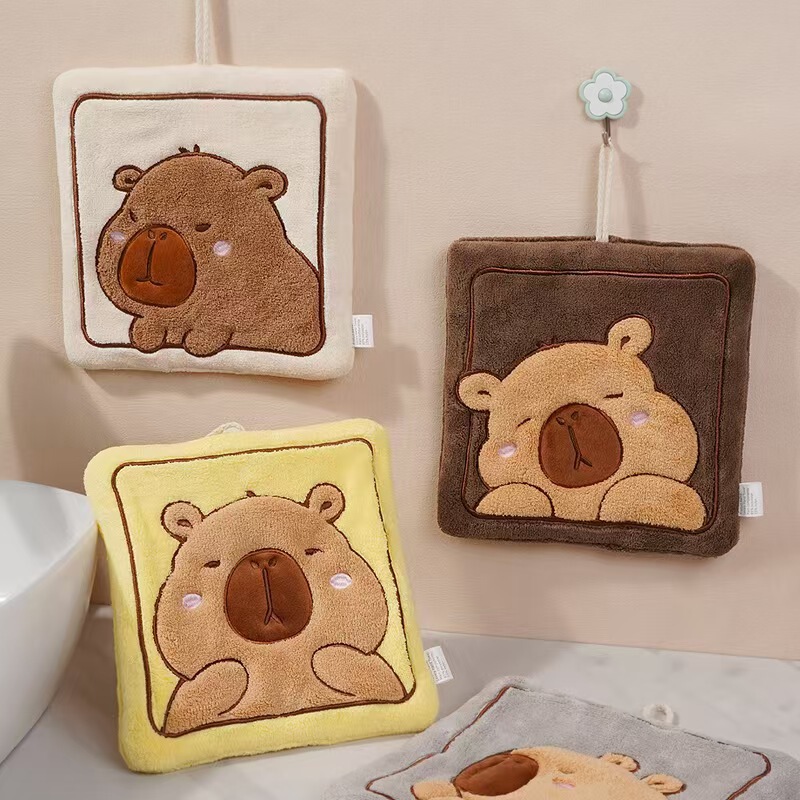 Kapibala かわいい漫画ハンギングハンドタオルコーラルベルベット厚みのある刺繍入り子供用小さなタオルキッチンバスルーム|undefined