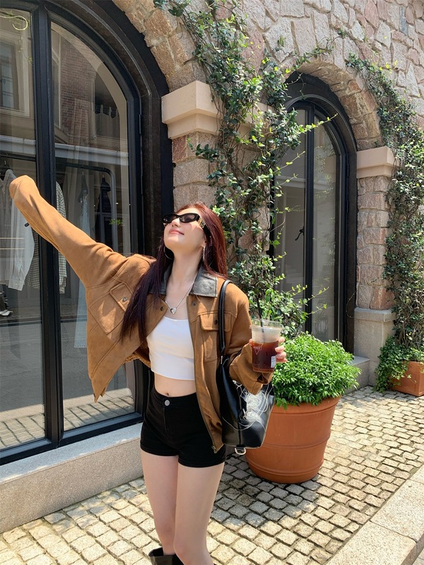 美式复古麂皮绒外套女装秋季2025新款美拉德棕色拉链开衫夹克上衣|undefined