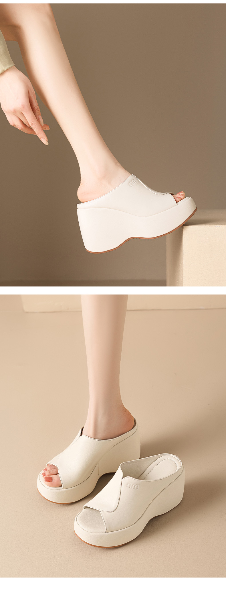 Dép sandal nữ quai chữ V đế xuồng cao 10 cm, chất liệu da thật, nhẹ nhàng — màu đen, Trắng kem- chi tiết 10