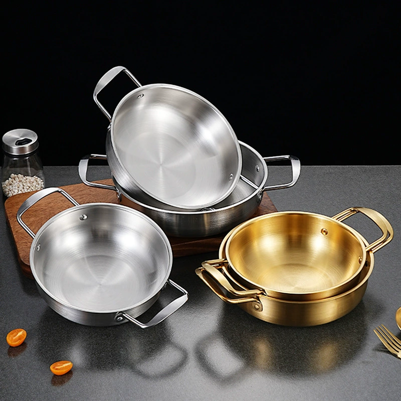 Корейская импровизированная миска для лапши из нержавеющей стали, seafood- pot, золотой маленький горячий горшок с двойными ушками, плоское дно, рамен-горшок, суповой горшок, для приготовления лапши дома