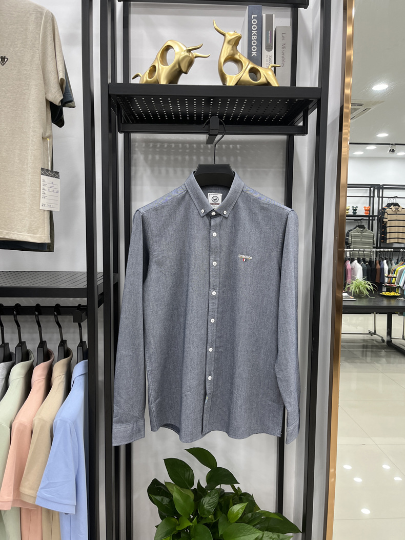 Men's Long-sleeve Embroidered Shirt Solid Colour Casual Autumn Top_voghion.com