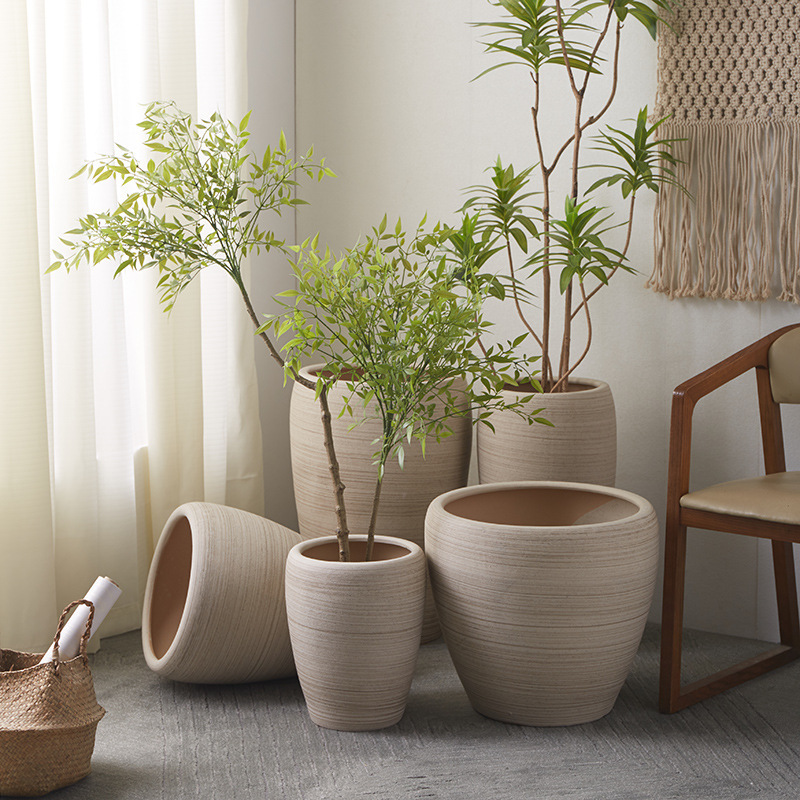 Extra Large Ceramic Flower Pot Large Diameter High-depth Simple Tree Planting Household Living Room Floor-standing Coarse Pottery Breathable Green Plant Ornaments
