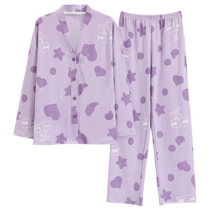 Al por mayor transfronterizo primavera y otoño nuevo cuello en V monje cuello de algodón leche cardigans pijamas de manga larga ropa doméstica de dibujos animados de mujer