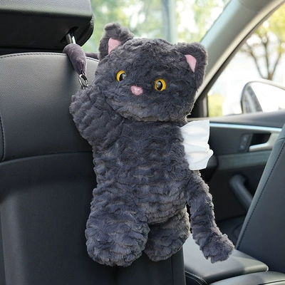 Car Tissue Box Cartoon Cat Plush Doll Hanging Paper Box Cute Car Seat Back Tissue Hanging Bag (Car tissue box/set) - rabbit-fur-scratched-cat-tissue-box