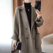 羊毛双面呢绒羊毛大衣女士中长款双排扣显瘦秋冬季外套穿