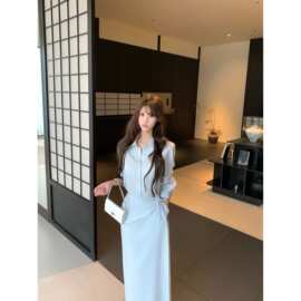高级感假两件蓝色衬衫连衣裙女早秋季小众设计显瘦气质POLO中长裙