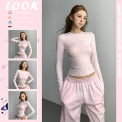 粉色辣妹风长袖正肩T恤女秋季2025修身显瘦纯色简约设计感上衣ins