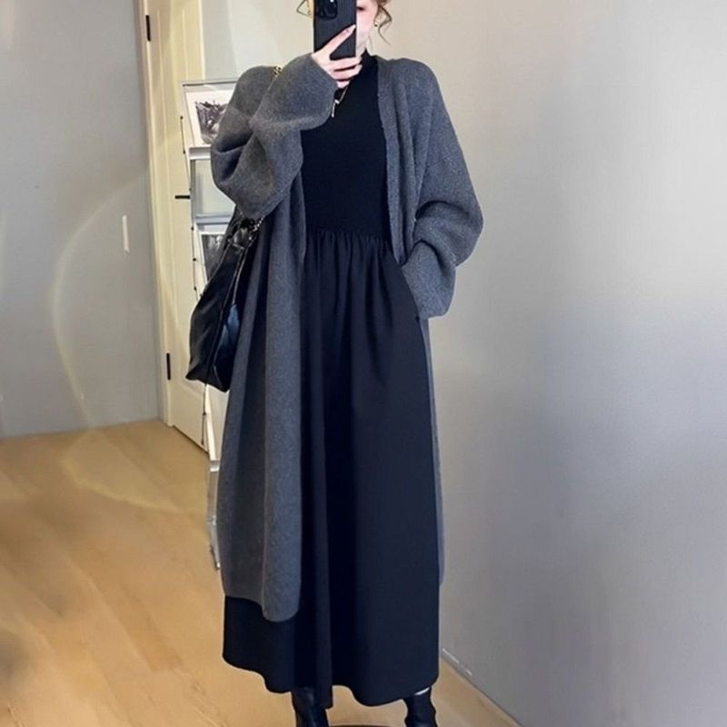 慵懒风软糯开衫长款毛衣外套女秋冬两件套装设计感显瘦针织连衣裙|undefined