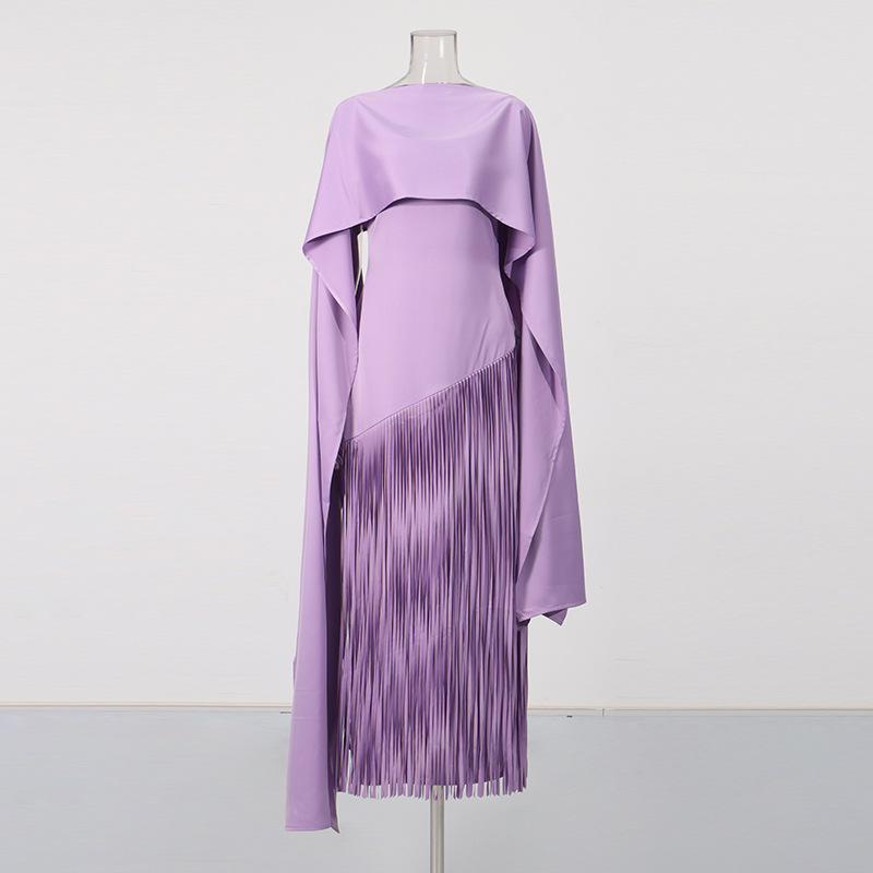 Misty Purple Long Dress Women's Clothing Shawl Cape Style High-End Spring New Tassel Bias Cut_ecoleips.com