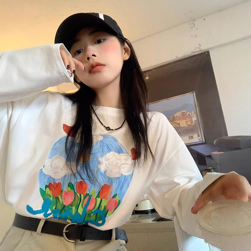 甜美小清新云朵长袖t恤女ins潮设计感小众秋季休闲可爱上衣打底衫