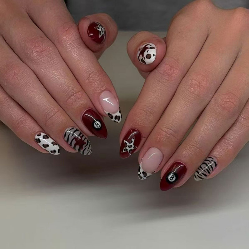X-0811 Wine Red Leopard Print + Billiard Ball Cool and Stylish Fingertip Aesthetics 24-Piece Wearable Nail Art