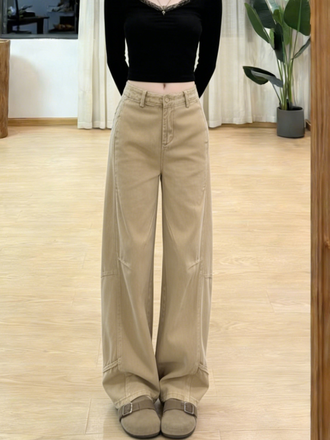 Quần jean kaki nữ ống rộng dáng suông kiểu Mỹ — màu kaki