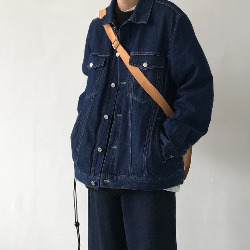 Japanese Retro Dark Blue Denim Jacket Men's Spring and Autumn Trendy Loose Casual Washed Lapel Workwear Couple Coat