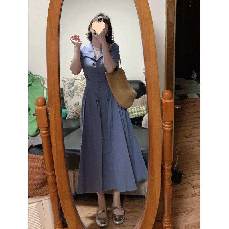 大码胖妹妹茶歇法式赫本风蓝色衬衫连衣裙子女夏季新款气质中长裙|undefined