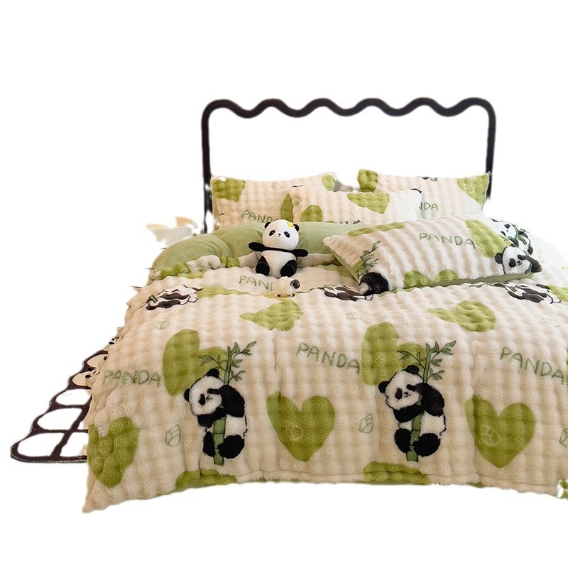 Rabbit plush bed four-piece set thickened milk plush quilt cover bed sheet three-piece set winter bedding_voghion.com