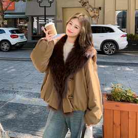卡其色复古短款大毛领羽绒服2025新款女冬皮毛一体加厚派克服外套