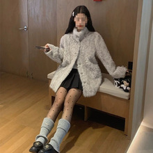 皮草外套女冬季新款白色立领蝴蝶结仿羊羔绒皮毛一体毛毛大衣