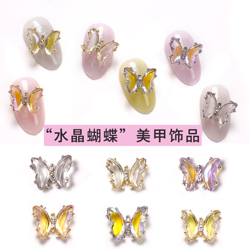 Red famosa nueva mariposa perforación joyas de manicura aleación tridimensional mariposa cristal permeación de hielo insins viento cristal mariposa perforación