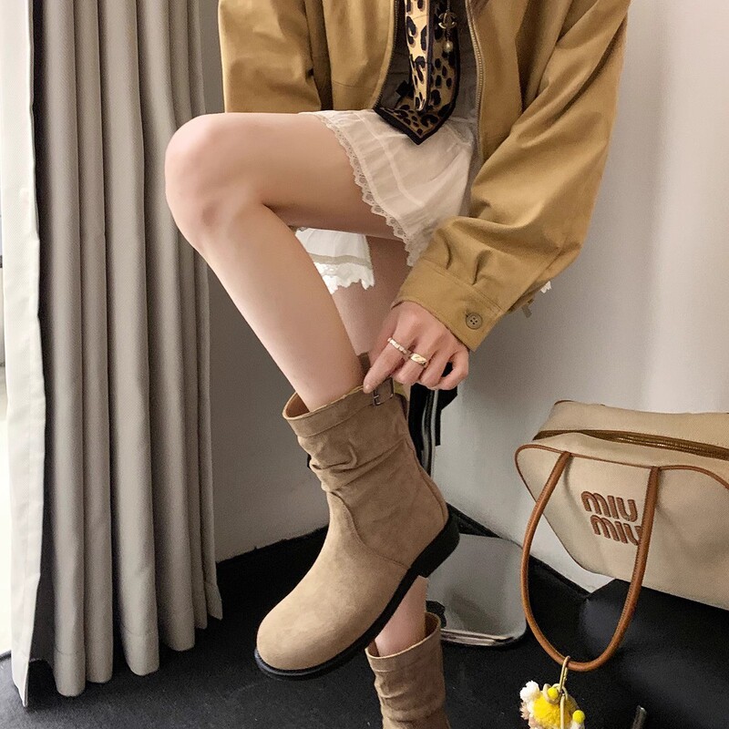 葡萄妈studiolee 韩系圆头褶皱绒面粗跟厚底堆堆低帮短筒靴女秋|undefined