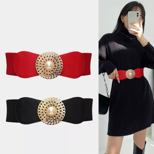 Retro Black Pearl Disc Belt for Women, Elastic Band Waist Closure, Chain-like Belt, Outerwear Suit Dress with Belt