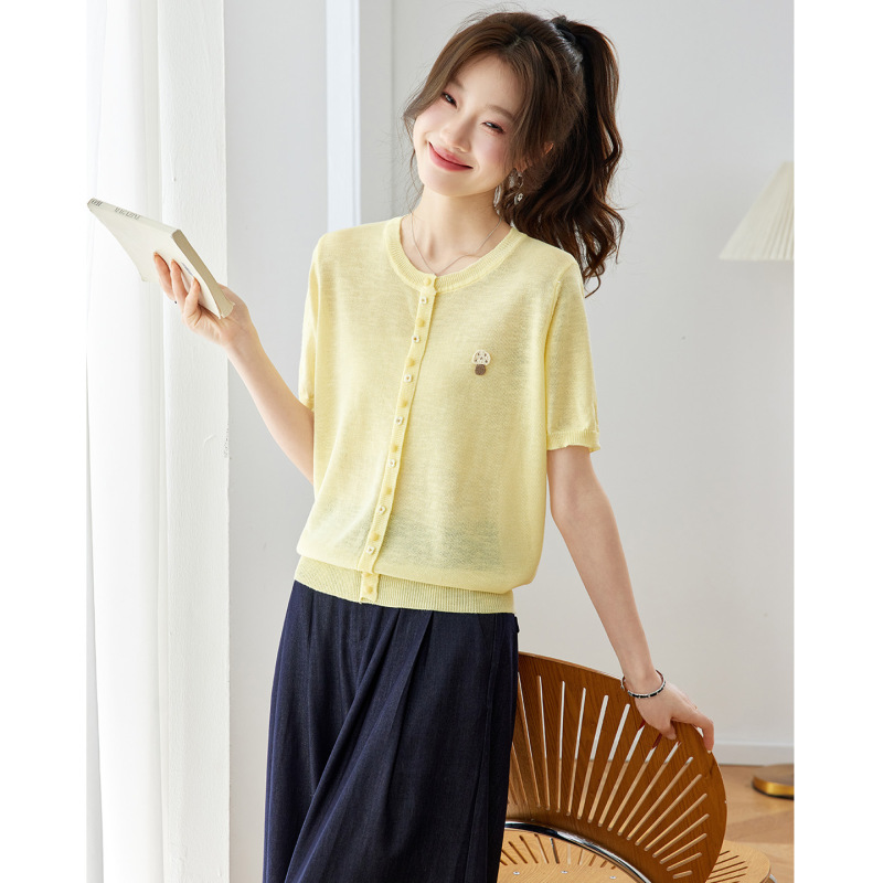 2026 Summer New Style Small Mushroom Embroidery Round Neck Knitted Cardigan Versatile Loose Women's Short-Sleeve Stylish Top