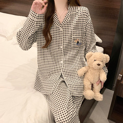 韓国insかわいい子犬の格子パジャマ女性春と秋の長袖雲綿ホームウェア漫画セット卸売り
