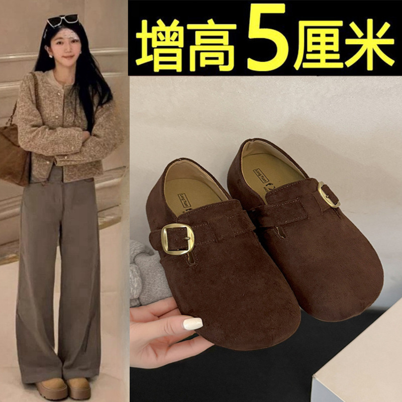2025秋季磨砂皮勃肯鞋女内增高5cm休闲鞋复古圆头韩版一字扣单鞋|undefined