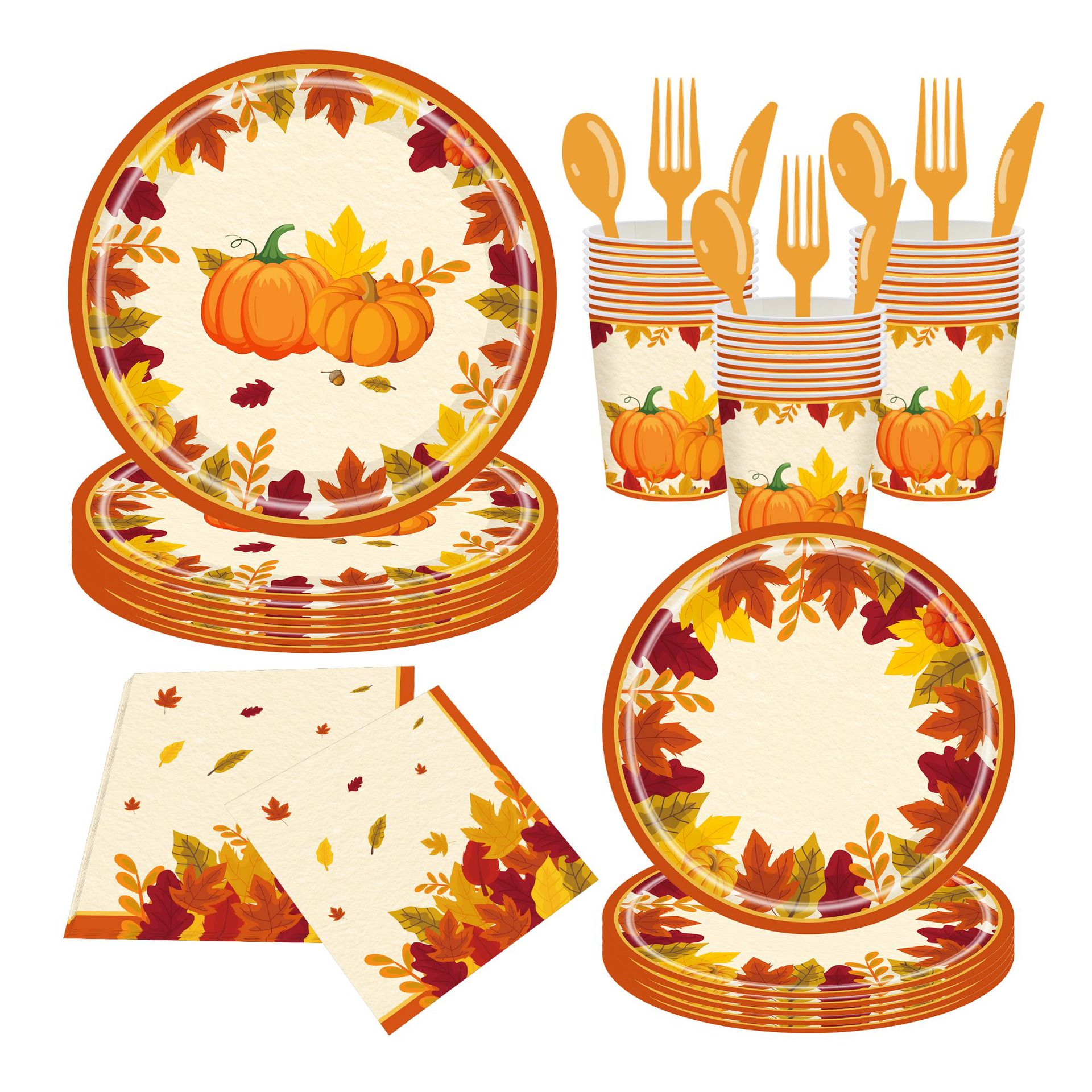 Juego de Platos Desechables de Papel con Temática de Calabaza y Hoja de Arce para Fiestas Familiares, Festival de la Cosecha Transfronterizo