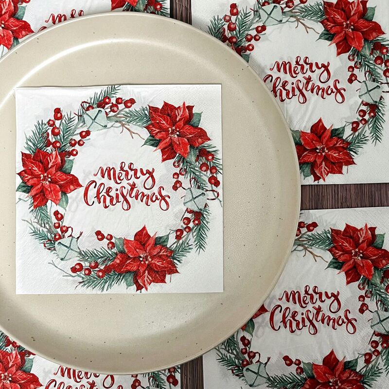 New TEMU Hot Sale Christmas Flower Pattern Paper Towel MerryChristmas Wreath Color Printed Napkin