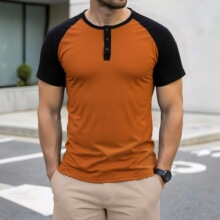 跨境夏季男士拼色插肩袖短袖T恤新款休闲透气上衣