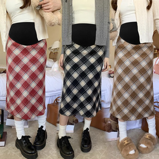 Tmall quality autumn and winter pregnant women retro all-match red plaid woolen A- line Western style belly support half-length dress