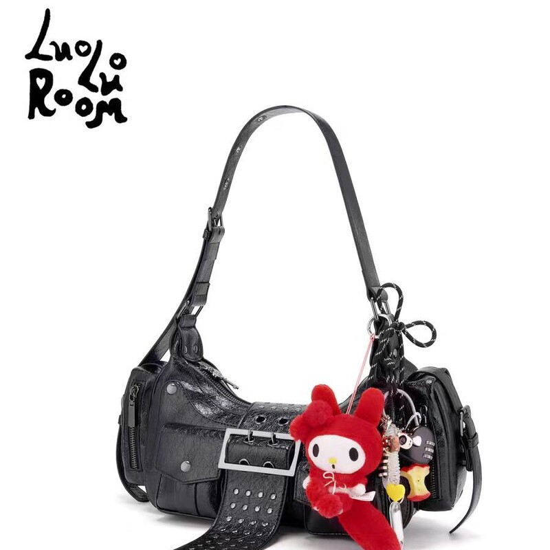 Luoluoroom Original "Rebellious Love Concubine" Black Women's Satchel Shoulder Bag (No Pendant Motorcycle Bag