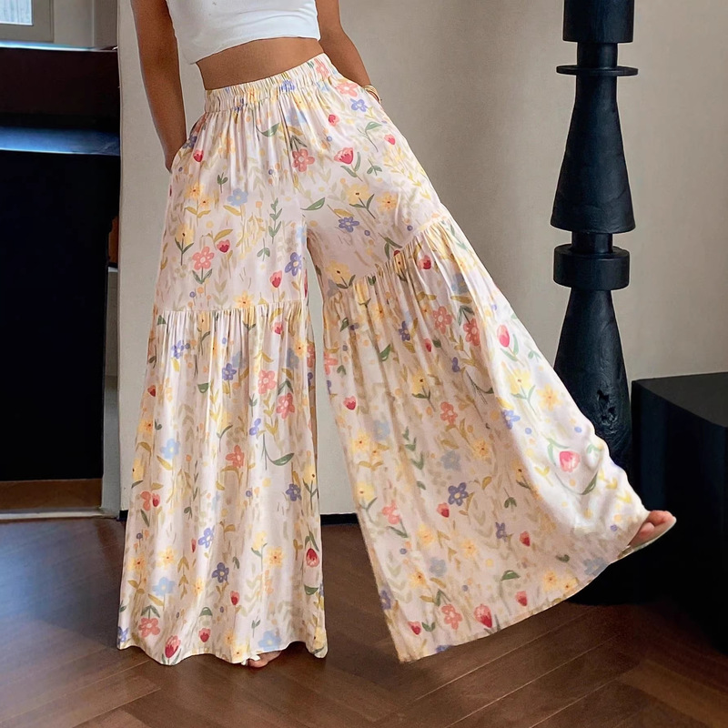 2026 Cross-Border Summer Fairy-Style Floral High-Waisted Loose Thin Wide-Leg Pants, Flowy Slimming Paper-Thin Long Casual Pants for Women