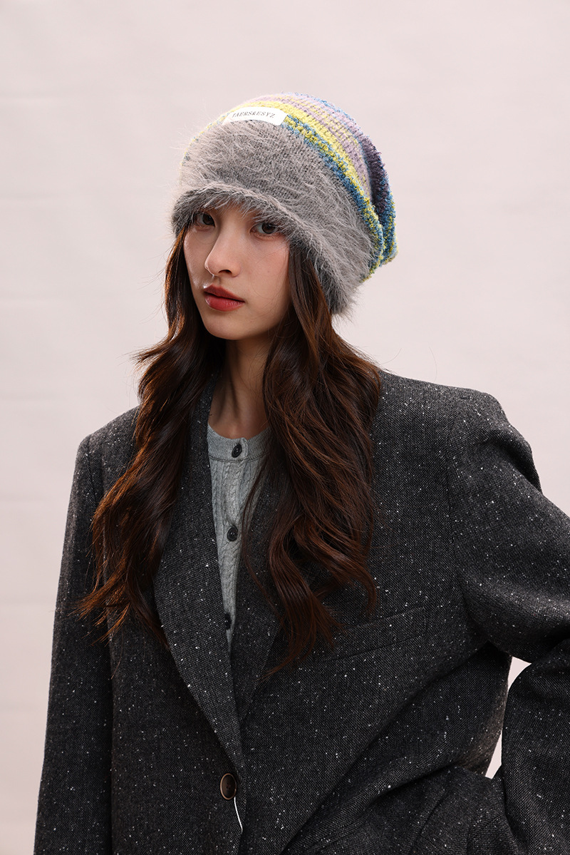 Cappello di lana per bambini, lavorato a maglia, con filato di piume femminili, impilato, che mostra il viso, piccolo calore autunnale e invernale, freddo cappello di lana, maschile_voghion.com