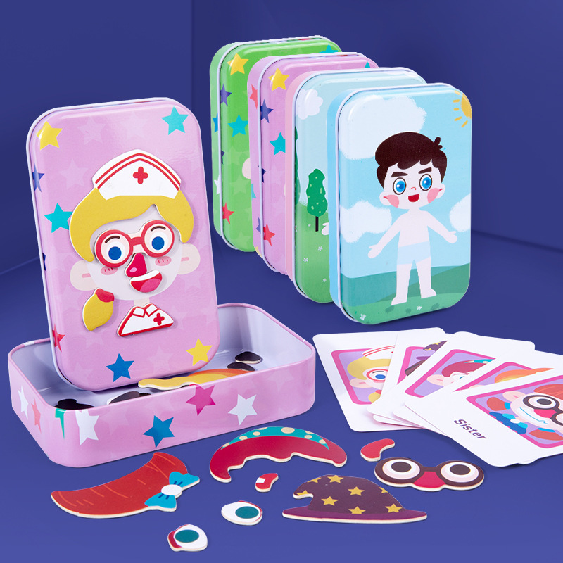 Caja de hierro para bebés Variedad Juego de disfraces Rompecabezas de expresión magnética Educación temprana para niños y niñas Juguetes de pegatinas magnéticas