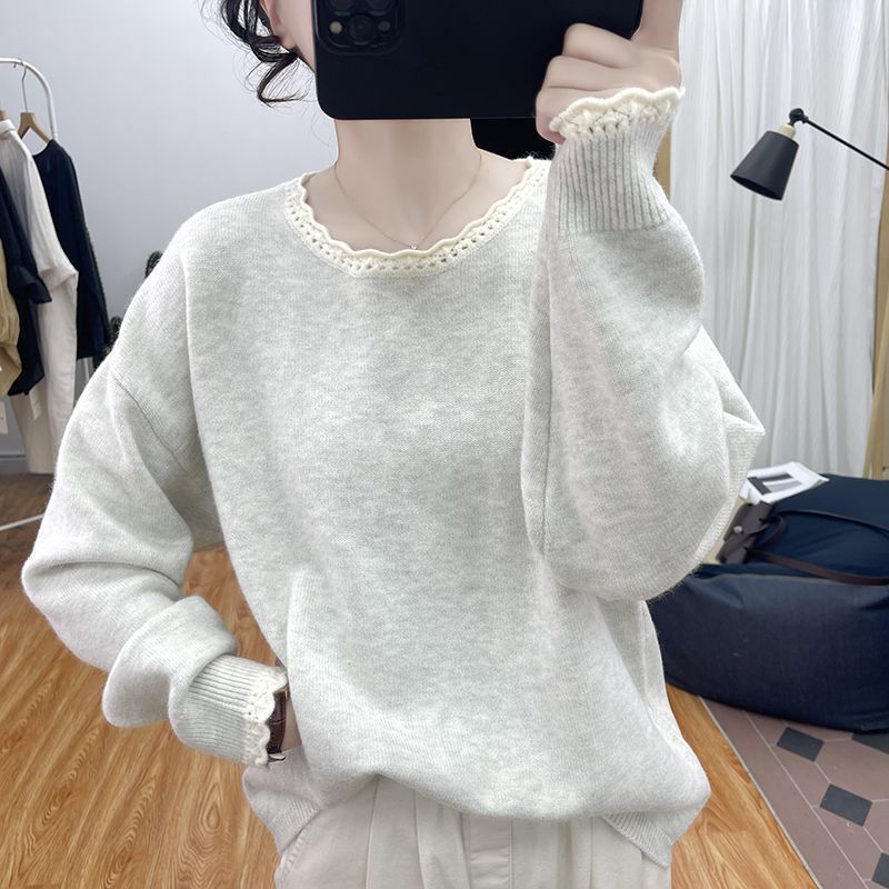 秋冬花边领加厚拼色针织衫女减龄宽松上衣2025新款圆领打底衫毛衣|undefined