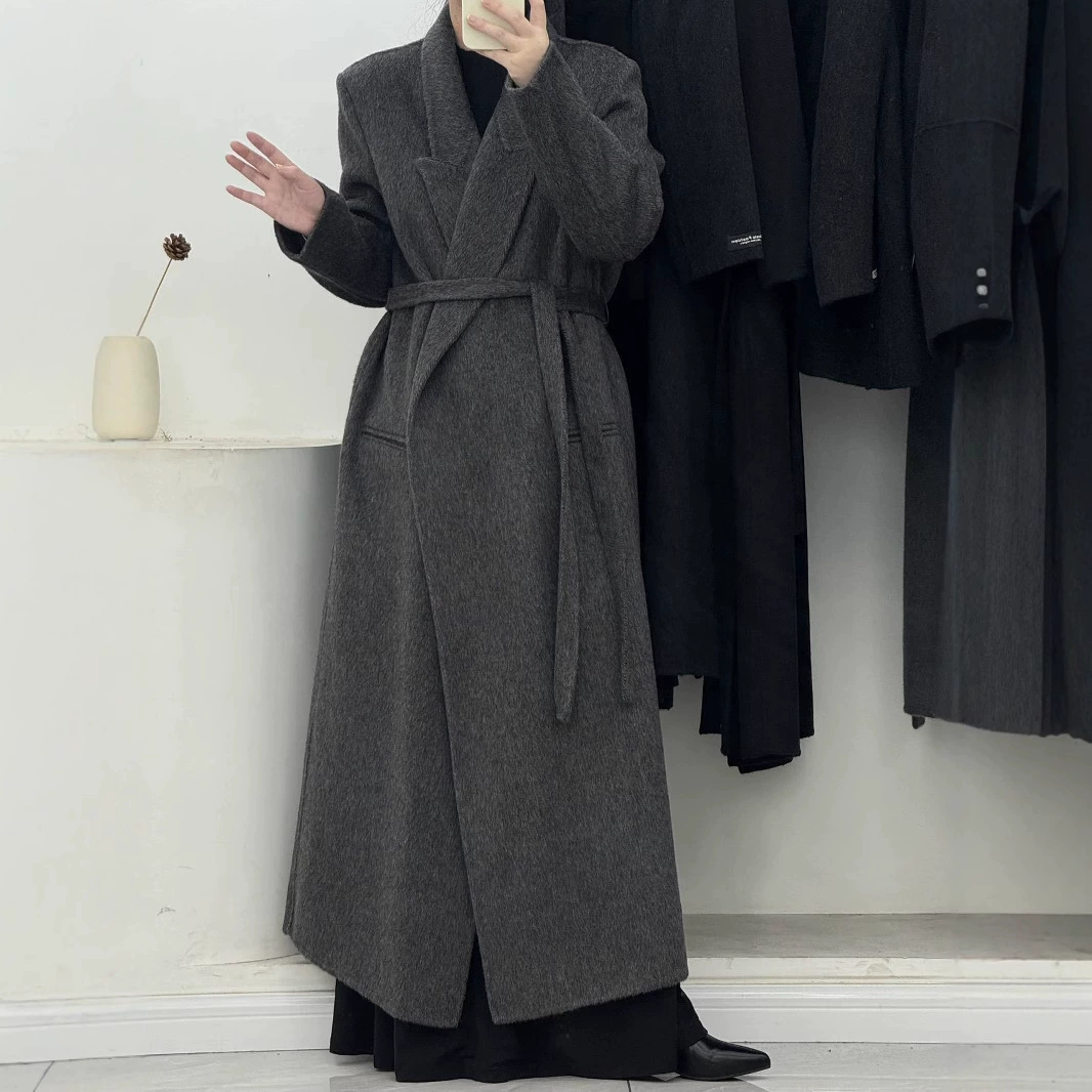 Элегантный длинный свободный халат из двусторонней шерсти для женщин, удлиненный, в корейском стиле, премиум-класса