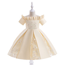 外贸新款中小女童礼服公主裙缎布一字肩褶皱小花婚礼宴会花童礼服