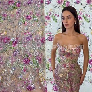 平绣珠管亮片绣花面料 多色珠片欧美跨境婚纱礼服女装绣lace