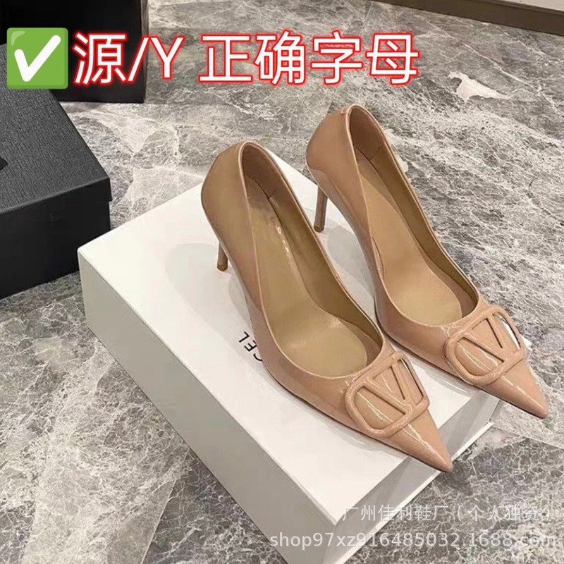 V扣高跟凉鞋女细跟通勤浅口单鞋气质名媛高跟鞋尖头裸色高跟单鞋|undefined