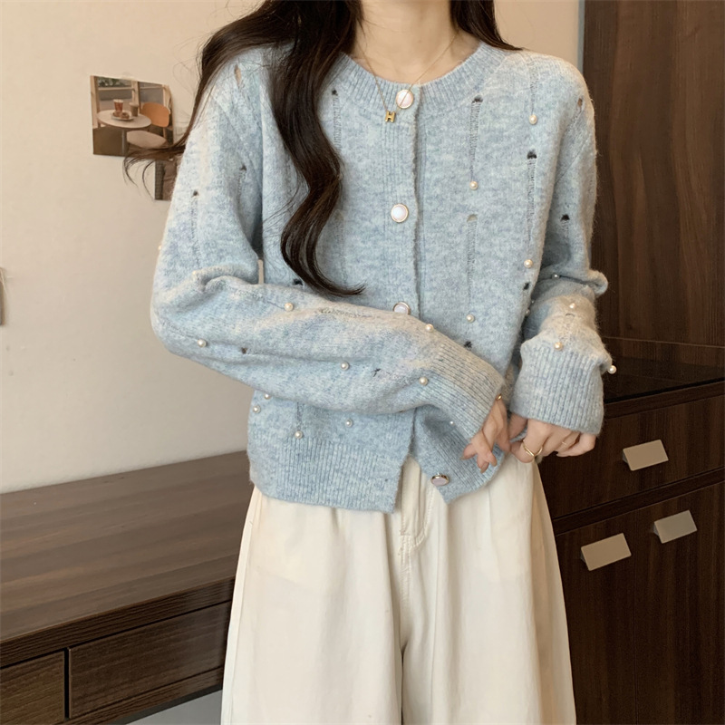Early Autumn and Winter New Korean Style Handmade Beaded Long-sleeved Cardigan Top Women's Round Neck Lazy Style Long-sleeved Knitted Cardigan