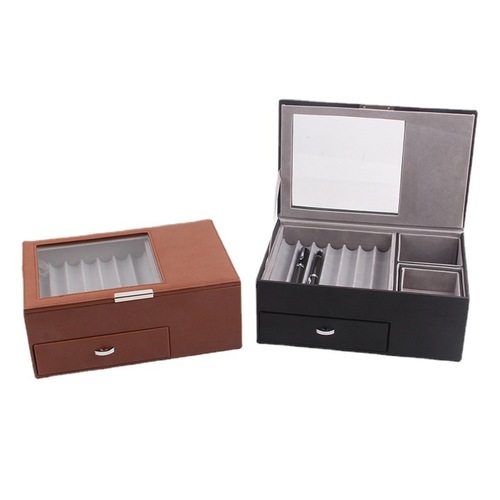 New 16-grid double-layer steel pen holder made of leather, 14-position PU pen storage box, stationery box