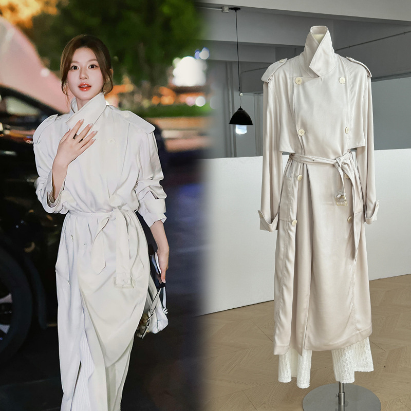 [Ready Stock] Xu Me Yao Eyes Xu Yan's Same Style Lapel Korean Style Long Windbreaker Lace-Up High-End Draped Jacket for Women