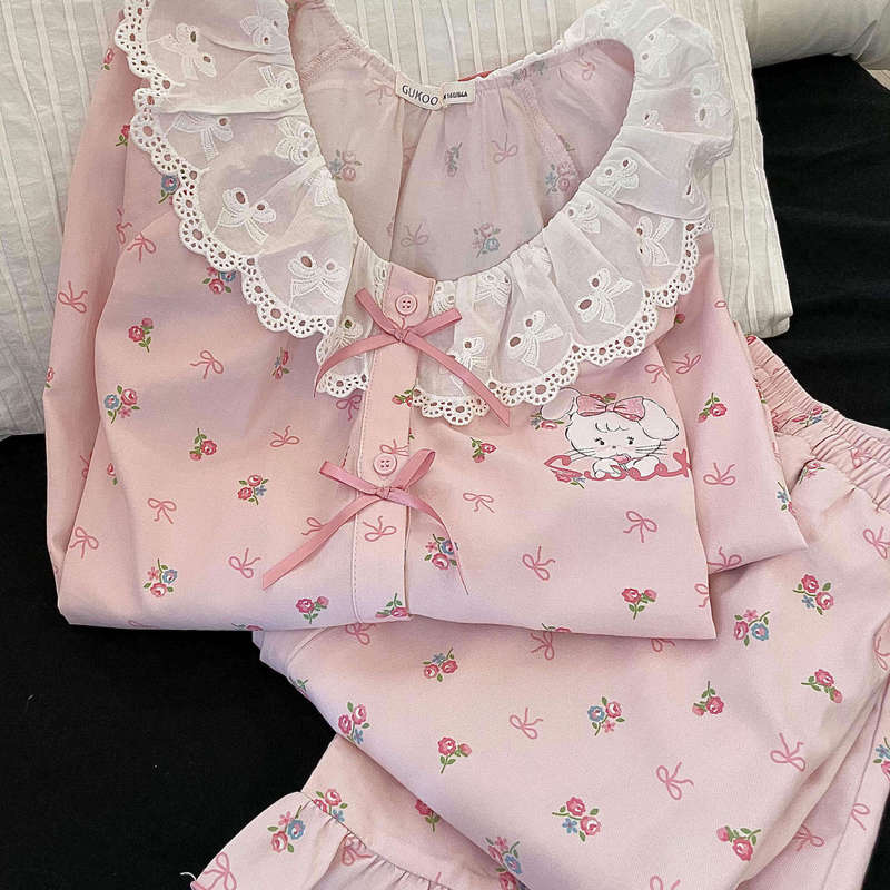 少女甜美小兔印花长袖睡衣女款春秋款新款大码家居服娃娃领两件套|undefined