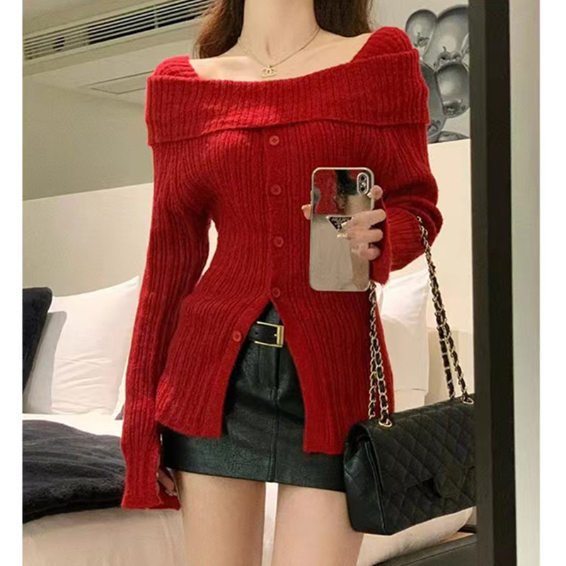 法式气质方领单排扣修身设计感毛衣女甜欲淑女一字肩针织衫