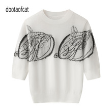 2025秋季新款女装通勤简约风短袖钉珠刺绣花毛针织衫上衣2J3E305