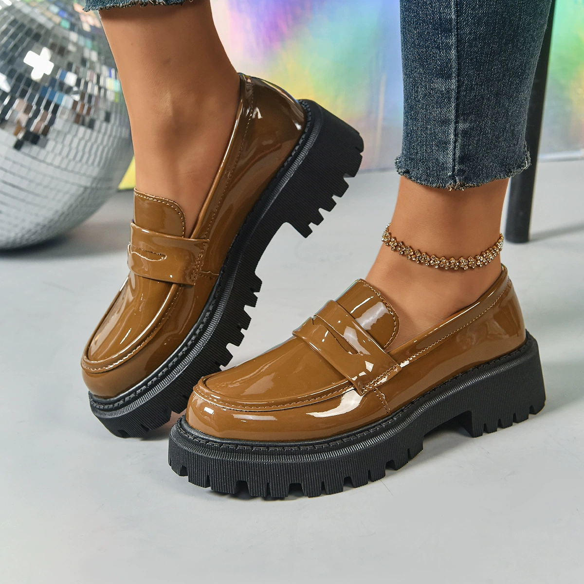 Трансграничная внешняя торговля, женские лоферы большого размера, новые универсальные женские туфли без шнуровки в британском стиле с круглым носком, маленькие кожаные туфли на толстой подошве в японском стиле