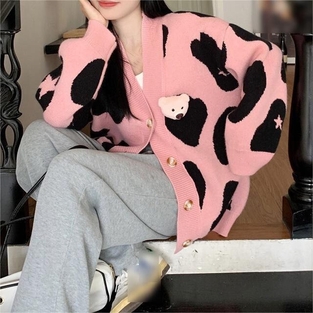 软糯设计显瘦毛衣外套2025秋冬日系慵懒风小熊女装针织开衫女宽松|undefined